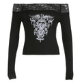 Womens Retro Printed Lace-Trimmed Off-Shoulder Long-Sleeve T-Shirt