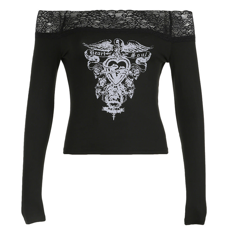Womens Retro Printed Lace-Trimmed Off-Shoulder Long-Sleeve T-Shirt