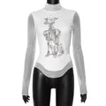 American Hipster Niche New Style Skull Print Mesh Stitching Long Sleeves Top