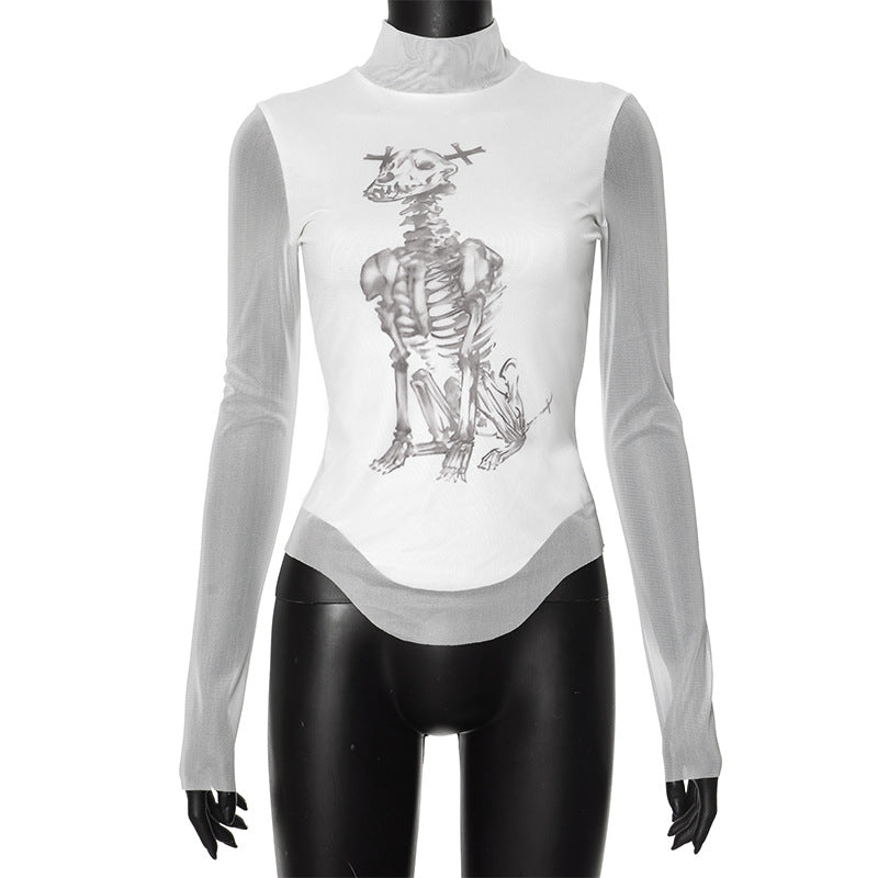 American Hipster Niche New Style Skull Print Mesh Stitching Long Sleeves Top