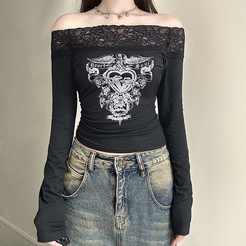 Womens Retro Printed Lace-Trimmed Off-Shoulder Long-Sleeve T-Shirt